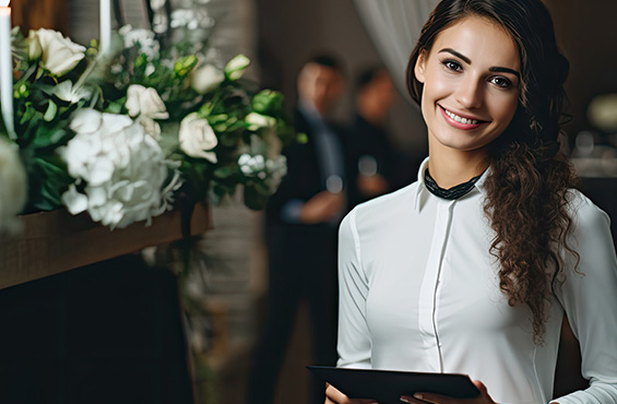 Wedding or event coordinator with a notebook in hand and standing near a bouquet of flowers